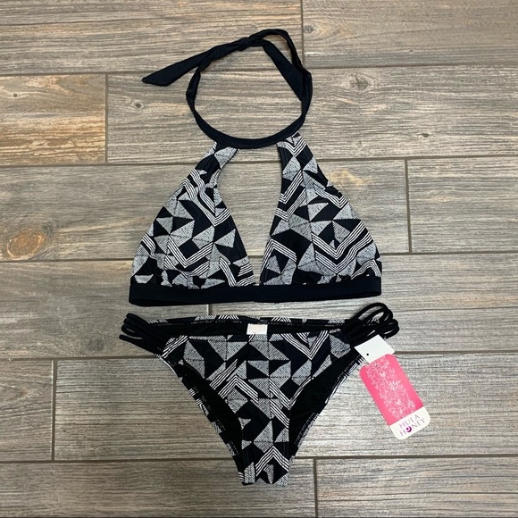 Hula Honey Juniors Bikini Halter Top & Bottom Medium Maze Muse Black & White - Picture 3 of 8